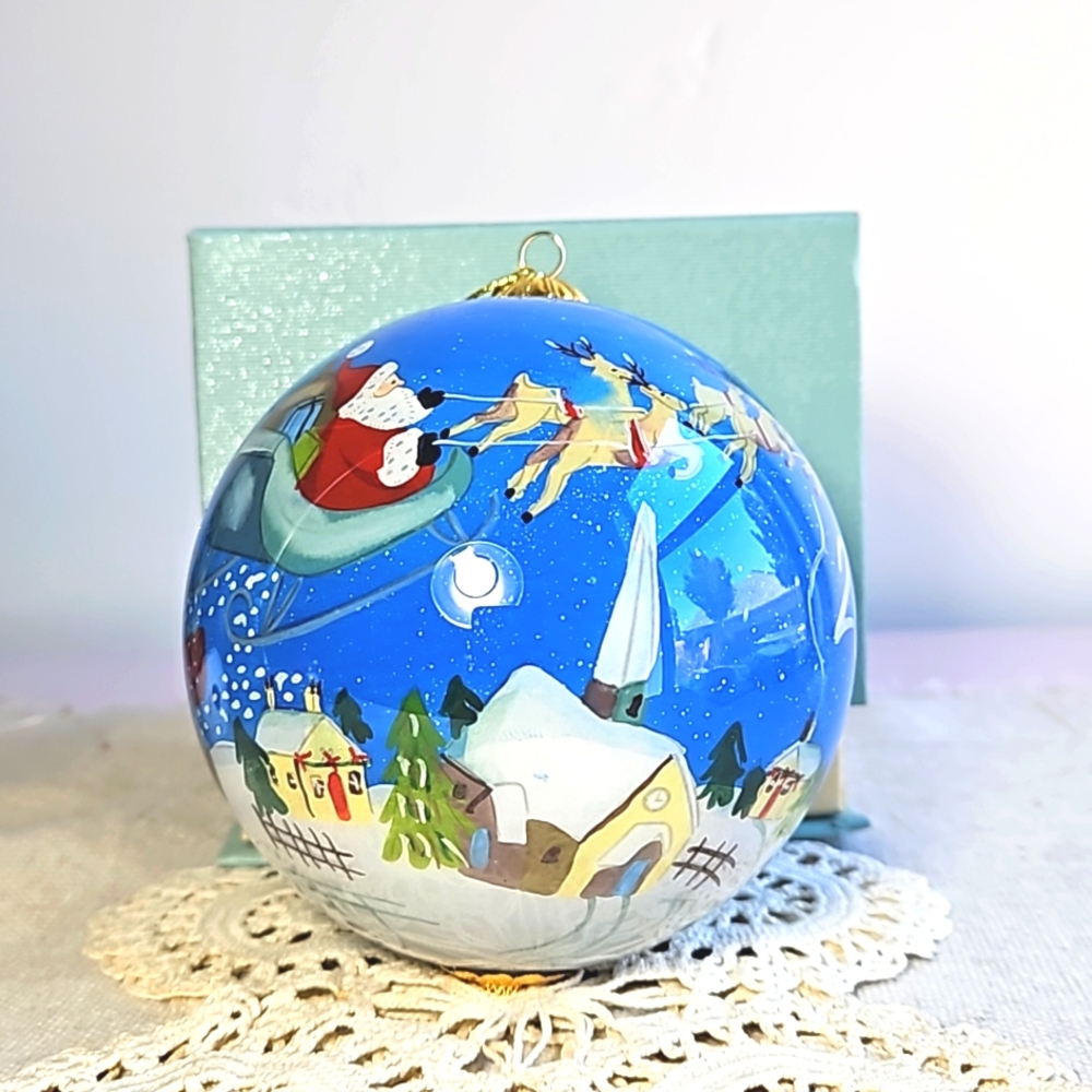 2019 Pier 1 Imports "Le Bien" Santa & Reindeer Hand-painted Christmas Ornament